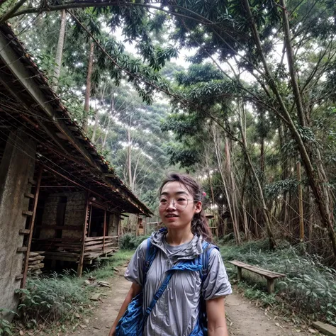 bsh, Capture the adventurous spirit of a girl traveling as a backpacker. The girl should be hyper-realistic, with a high level of detail and resolution. The focus should be on the girl, her backpack, and the scenic landscape she's exploring. The lighting should be natural and warm, highlighting the girl and the natural beauty of her surroundings. The colors should be vibrant and natural, with the girl's outfit contrasting with the colors of the landscape. The composition should be a mid-shot, capturing the girl and the landscape in sharp detail. Use a high-quality camera with a fast shutter speed to capture the moment