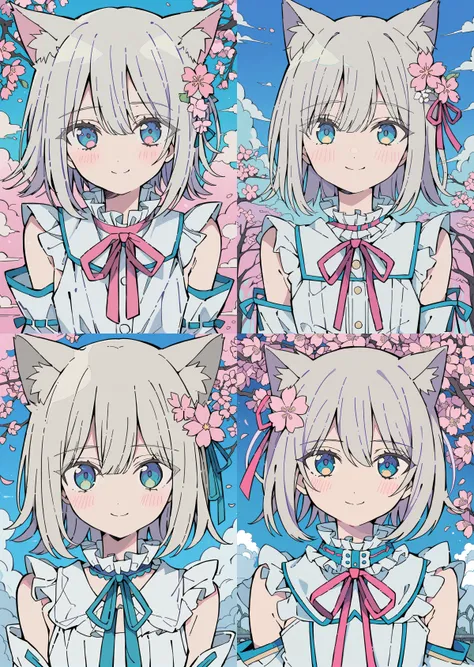 flat color, 1girl,cherry blossoms,hair flower,smile,ribbon,hair ribbon,cat ears,animal ear fluff,blue eyes,short hair,grey hair,bangs,hair between eyes,eyebrows visible through hair,closed mouth,blush,neck ribbon,frilled,frilled_collar,flat chest,white dress,crease,sleeveless dress,detached_sleeves,looking at viewer,under the cherry blossoms tree,sky,cloud,upper_body, <lora:CoolFlatColor-000014:0.9>