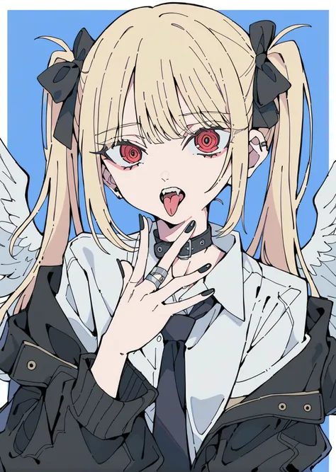 flat color,flat color, 1girl, solo, tongue, twintails, ring, red eyes, blood, black nails, jewelry, fur trim, tongue out, looking at viewer, jacket, blue background, two side up, long hair, angel, open mouth, black necktie, shirt, ringed eyes, looking at viewer, feathered wings, jacket, upper body, collared shirt, blonde hair, choker, short sleeves, black jacket, white wings, collar, off shoulder, bow, nail polish, bangs, hair bow, <lora:CoolFlatColor-000014:0.9>