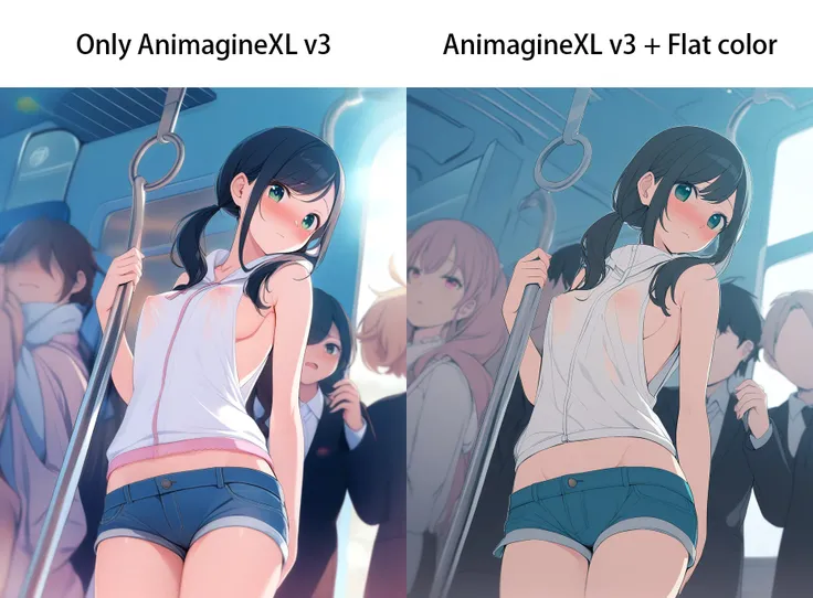 1girl,
amano hina \(tenki no ko\), tenki no ko, standing, upper body, train interior, crowd, depth of field, embarrassed, sideboob, sleeveless, white hoodie, covered nipples, see-through, nsfw, black hair, low twintails,
high quality, masterpiece, *(+ <lora:CoolFlatColor:0.7>, flat color)