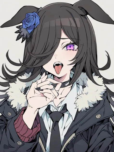 (masterpiece, best quality, high quality, highres, ultra-detailed),flat color,
<lora:CoolFlatColor:1>,1girl,solo,rice shower \(umamusume\),horse ears,hair over one eye,black hair,long hair,purple eyes,ring,blood,black nails,jewelry,fur trim,tongue out,jacket,black necktie,choker,nail polish,open mouth,looking at viewer,white shirt,black jacket,open jacket,