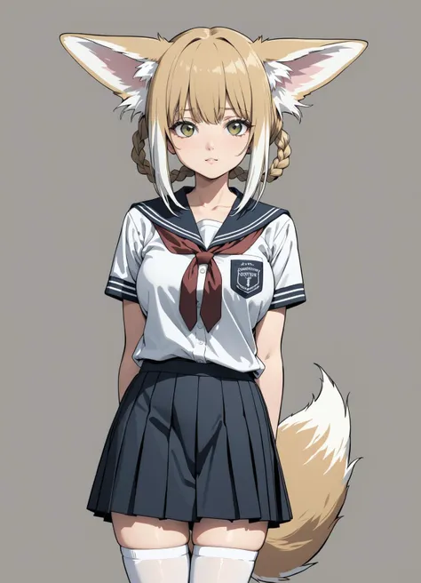 (masterpiece, best quality, ultra detailed),intricate details,rating:safe,
1girl,solo,suzuran \(arknights\),two-braid,(huge breasts:0.8),fox ears,standing,fox tail,collarbone,((school uniform)),white thighhighs,looking at viewer,cowboy shot,arms behind back,
<lora:CoolFlatColor:0.7>,flat color,simple background,