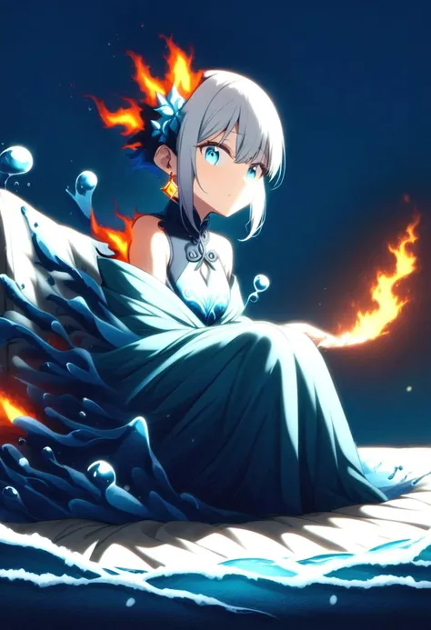 masterpiece,best quality,bed,flowers,sitting,looking at viewer,shy,
<lora:chun_mc_xl:0.8>,chun,1girl,solo,fire fire jewelry, fire earrings,twintails, water element blue eyes, ice bangs, ice fire hair ornament, snowy white hair,<lora:CoolFlatColor:0.4>,flat color,