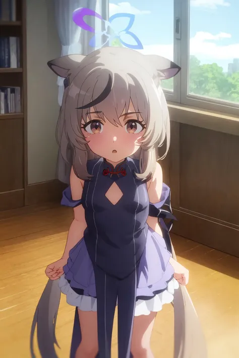 , 8 years old, A cup breas hair, long hair, purple eyes, smiling face(one person) Pink sleeveless top Black mini skirt and white panties((I can see her panties)) Barefoot Girls Room Sitting on the floor Dynamic angle Low angle bear girl cat girl