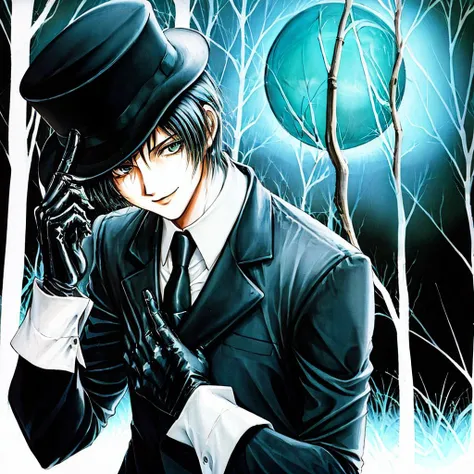 masterpiece, best quality, ultra high res, highres,
1boy, adjusting headwear, black leather gloves, necktie, black suit, white cuffs,black top hat, light smile, black hair, hand on hat,holding cane, hand on own chest, walking in forest, bare tree, branch,looking down, solo, night, full moon, fog,
<lora:yuki:0.68>