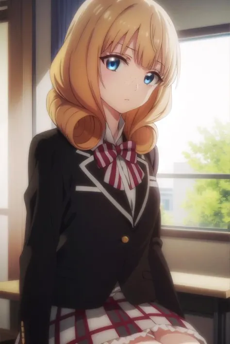 rikasaionji, <lora:rika saionji s1-lora-nochekaiser:1>,
rika saionji, blue eyes, orange hair, freckles,
BREAK skirt, gloves, bow, school uniform, jacket, plaid, plaid skirt, blazer,
BREAK indoors, classroom,
BREAK looking at viewer,
BREAK <lyco:GoodHands-beta2:1>, (masterpiece:1.2), best quality, high resolution, unity 8k wallpaper, (illustration:0.8), (beautiful detailed eyes:1.6), extremely detailed face, perfect lighting, extremely detailed CG, (perfect hands, perfect anatomy),
