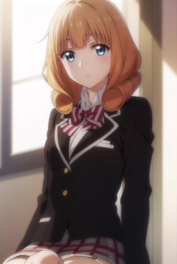 rikasaionji, <lora:rika saionji s1-lora-nochekaiser:1>,
rika saionji, blue eyes, orange hair, freckles,
BREAK skirt, gloves, bow, school uniform, jacket, plaid, plaid skirt, blazer,
BREAK indoors, classroom,
BREAK looking at viewer,
BREAK <lyco:GoodHands-beta2:1>, (masterpiece:1.2), best quality, high resolution, unity 8k wallpaper, (illustration:0.8), (beautiful detailed eyes:1.6), extremely detailed face, perfect lighting, extremely detailed CG, (perfect hands, perfect anatomy),