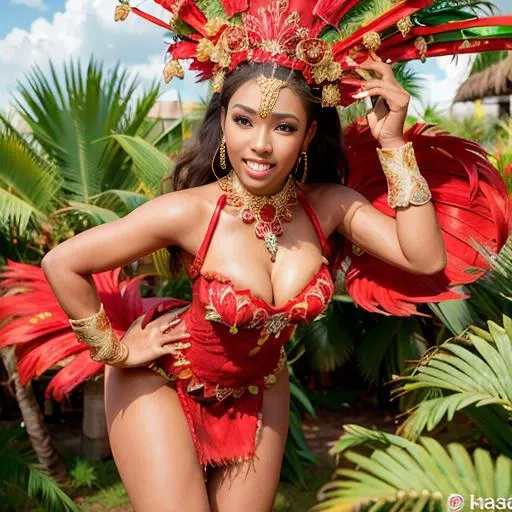 an african woman, (wearing samba dance dress:1.2), carnival party, (red dress:1.2),
good hand,4k, high-res, masterpiece, best quality, head:1.3,((Hasselblad photography)), finely detailed skin, sharp focus, (cinematic lighting),  soft lighting, dynamic angle, [:(detailed face:1.2):0.2], medium breasts, <lora:samba_dance_dress:0.5>, <lora:dollLikenessByEDG_africanDollLikeness:0.7>
