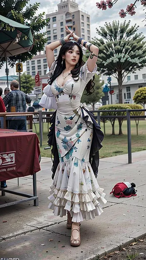 (goddess-like happiness,flirtatious ,seductive:1.4),(RAW photo:1.2),(photorealistic:1.6),(lens 135mm,f1.8:1.2),(ultimate quality, masterpiece:1.3),(intricate details:1.2),(detailed face:1.2),dramatic,ray tracing,fashion photograph,(fFaceDetail,fHandDetail:1.2),Fixhand,Full body,<lora:PerfectBreastsV4-offset:0.5:lbw=BODY>,CR1.3,
<lora:goodhands_Beta_Gtonero:0.8:lbw=HAND>,good hands,(nsfw),Sharp focus,cinematic lighting,
<lora:å¼µå«é»ZhangHanYun_v20:0.8:lbw=FACE>,
<lora:flamenco_dance_dress-10:0.8>,wearing flamenco_dance_dress,,
(1girl,solo,outdoors,dancing,crowd street:1.6),<lora:dancer:0.5>,dancing,confident smile,beautful face,(large breasts, narrow waist:1.2),sexy body,perfect body,shiny hairs,hair ornament,earrings,necklace,jewelry,confident,showcasing,buzzing atmosphere,