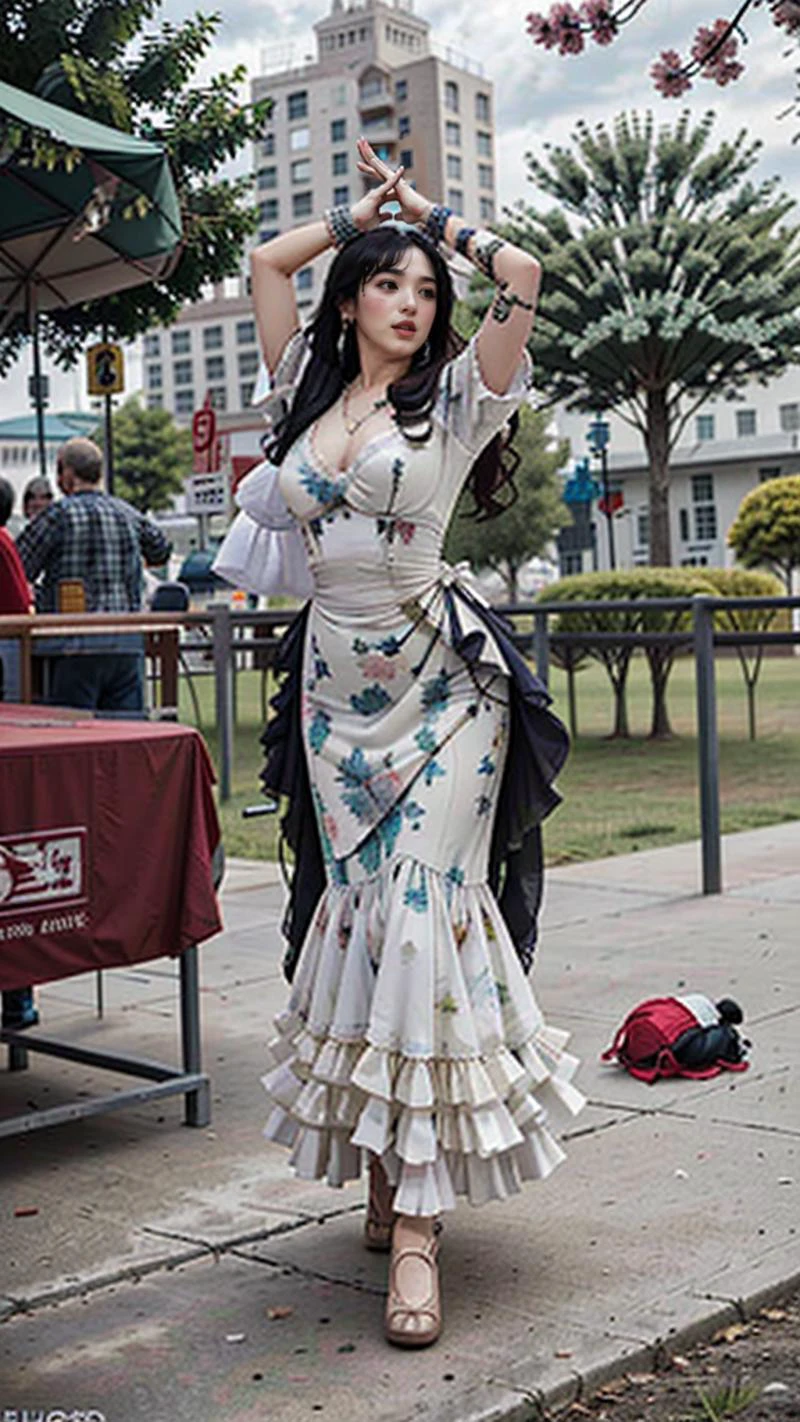 (goddess-like happiness,flirtatious ,seductive:1.4),(RAW photo:1.2),(photorealistic:1.6),(lens 135mm,f1.8:1.2),(ultimate quality, masterpiece:1.3),(intricate details:1.2),(detailed face:1.2),dramatic,ray tracing,fashion photograph,(fFaceDetail,fHandDetail:1.2),Fixhand,Full body,<lora:PerfectBreastsV4-offset:0.5:lbw=BODY>,CR1.3,
<lora:goodhands_Beta_Gtonero:0.8:lbw=HAND>,good hands,(nsfw),Sharp focus,cinematic lighting,
<lora:å¼µå«é»ZhangHanYun_v20:0.8:lbw=FACE>,
<lora:flamenco_dance_dress-10:0.8>,wearing flamenco_dance_dress,,
(1girl,solo,outdoors,dancing,crowd street:1.6),<lora:dancer:0.5>,dancing,confident smile,beautful face,(large breasts, narrow waist:1.2),sexy body,perfect body,shiny hairs,hair ornament,earrings,necklace,jewelry,confident,showcasing,buzzing atmosphere,