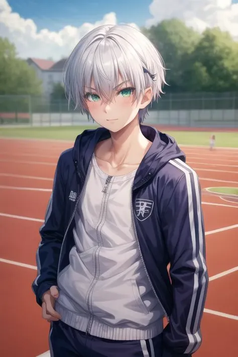 masterpiece, best quality, high quality, 1boy, solo, male focus, looking at viewer, upper body, <lora:hiroto_suzuki:0.60>, hiroto_suzuki, green eyes, white hair, , track suit