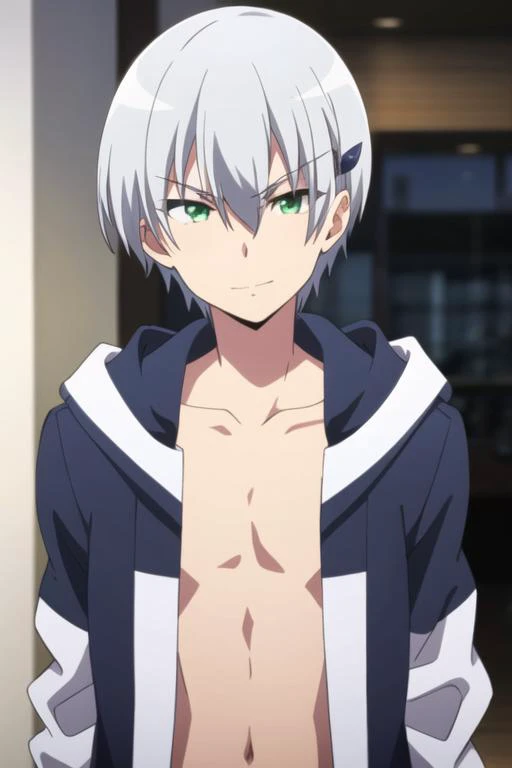 Ultra sharp, Highres, Masterpiece, Best quality at best,Best Quality,hight quality, hight detailed, 1boy, White hair, Shota, Sweat, Upper body, Depth of field, Anime Screencap Style, Seen from front, He looks cute , (Showing armpit:1.3), (very small and short stature), (very  boy), 12-ye-olys, cert, Blurry beckground