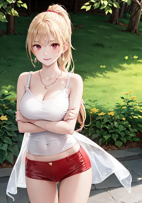 best quality, masterpiece, 1girl,solo, (beautiful detailed eyes, beautiful detailed face,red eyes,blond ponytail,delicate skin:1.2),big breasts,long hair,thighs,groin, jewelry, earrings, necklace, look at viewer, (arms crossed:1.45) , . / / / /, / / ,/.. .spread legs,standing, sunlight, (see_through:0.6), smiling