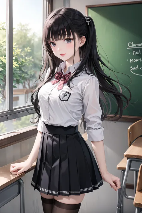 masterpieces,best quality,1girl,long hair,black hair,blunt bangs,sidelocks,school uniform,collar,short frills skirt,cowboy shot:p,tsundere,(tareme:1.2),hair ornament,shoes,classroom, chalkboard,