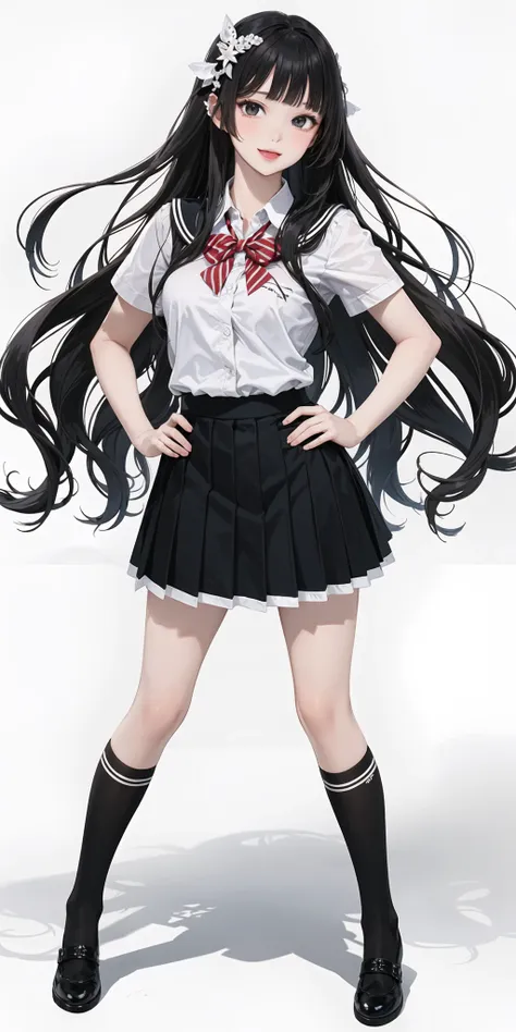 masterpieces,best quality,1girl,(white background:1.5),long hair,black hair,blunt bangs,sidelocks,school uniform,collar,short frills skirt,full body,hands on own hips,:p,tsundere,(tareme:1.2),hair ornament,shoes