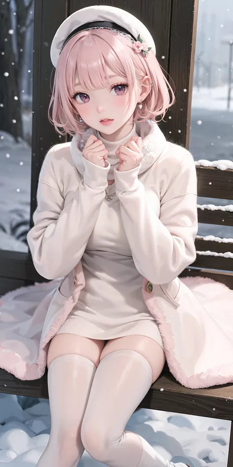 masterpiece,best quality,(1mature girl),short hair,light pink hair,curly hair,shat, solo, zoom layer, long hair, v, black eyes, jacket, coat,heart, sleeves past wrists, looking at viewer, bangs, white headwear, leg warmers, blush, necklace, (pink jacket), sweater, loose socks, full body, jewelry, fur trim, pom pom (clothes), socks, pantyhose, long sleeves, parted lips,full body,(tsundere:1.3),(tareme:1.2),hair ornament,lace-trimmed hairband ,fighting stance,(makeup:1.2), (eyelashes),(heavy breathing:1.3), (serious),earrings, necklace, princess,(white) thighhighs,looking at viewer,medium breasts,white fur-trimmed_boots,sweater,(scarf,)dynamic pose,

mountain, snow,scenery,outdoors,chair,winter,,(snowing:1.2), snowflakes,