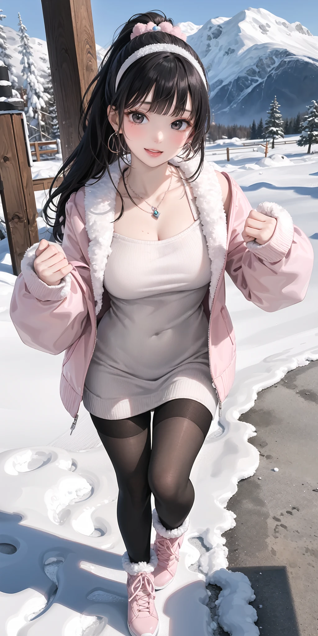 masterpiece,best quality,(from below),(1mature girl),very long hair,black hair,blunt bangs,ponytail,shat, solo, zoom layer, long hair, v, black eyes, jacket, heart, sleeves past wrists, looking at viewer, bangs, white headwear, leg warmers, blush, necklace, (pink jacket), sweater, loose socks, blunt bangs, full body, jewelry, fur trim, pom pom (clothes), socks, pantyhose, long sleeves, parted lips,full body,:p,(tsundere:1.3),(tareme:1.2),hair ornament,lace-trimmed hairband ,fighting stance,(makeup:1.2), (eyelashes),(heavy breathing:1.3),  ahegao,earrings, necklace, princess,white thighhighs,looking at viewer,medium breasts,white fur-trimmed_boots,sweater,dynamic pose, 

mountain, snow,scenery,outdoors,chair,winter