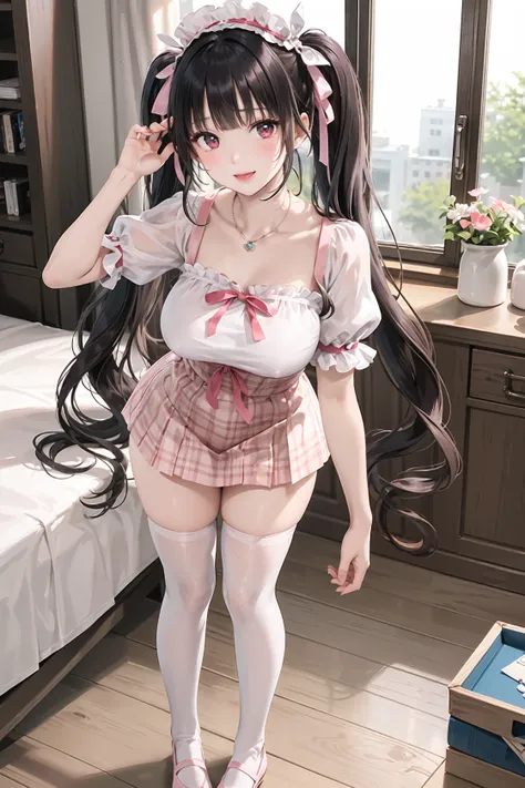 masterpiece,best quality,(solo:1.3),1girl,(tareme:1.2),(full body:1.2),standing,leaning forward,bent over,(low-tied_long_hair:1.3),(low twintails:1.2), dress, ribbons,hair ribbon,very  long hair,hair ornament,hair flower, smile, looking at viewer, pink headwear,red eyes,symbol-shaped pupils, short sleeves, puffy sleeves, bangs,  blush, blunt bangs, puffy short sleeves, jewelry, ribbon, plaid dress, makeup,eyelashes, necklace, wavy hair,(white thighhighs,thighs:1.2),(large breasts:1.2),indoors, messy room, window,sweet,girls's room,pink theme,painting \(medium\),teddy bear, stuffed toy, loaded interior,bedroom,(((otaku room))),trash bags,plastic bags,cola,chips_(food),juice box, books,