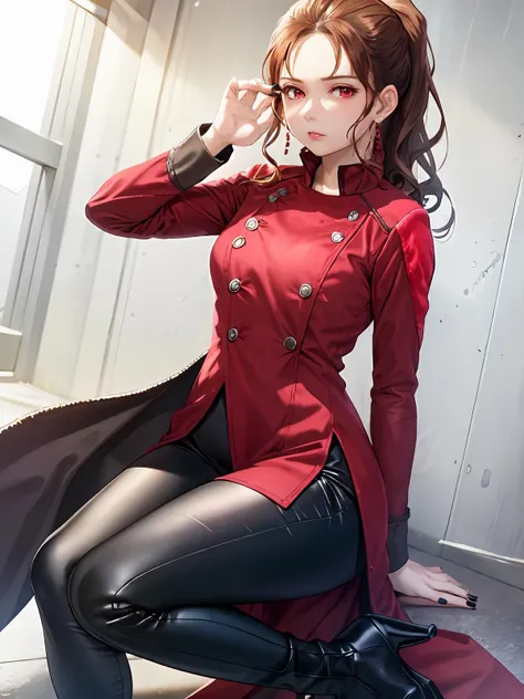 (extremely detailed CG), (best quality), 1girl, perfect face,shiny skin,narrow waist, wide hips <lora:ReikaShindai-10:0.8> ReikaShindai, black pants,black nails,jacket,boots,red eyes,pants,long sleeves,red coat,brown hair,ponytail,coat,long hair,earrings, jewelry,blushed, serious,