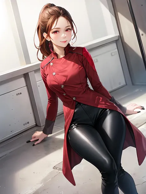 (extremely detailed CG), (best quality), 1girl, perfect face,shiny skin,narrow waist, wide hips <lora:ReikaShindai-10:0.8> ReikaShindai, black pants,black nails,jacket,boots,red eyes,pants,long sleeves,red coat,brown hair,ponytail,coat,long hair,earrings, jewelry,blushed, smile,