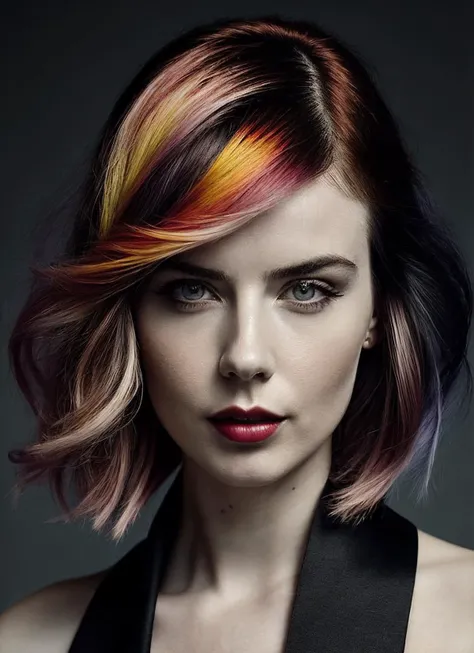 portrait of sks woman by Flora Borsi, style by Flora Borsi, bold, bright colours, rainbow Mohawk haircut, ((Flora Borsi)), <lora:locon_daniellesharp_v1_from_v1_64_32:1>