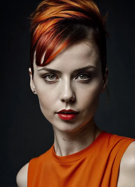portrait of sks woman by Flora Borsi, style by Flora Borsi, bold, bright colours, orange Mohawk haircut, ((Flora Borsi)), <lora:locon_millie_v1_from_v2_64_32:1.3>