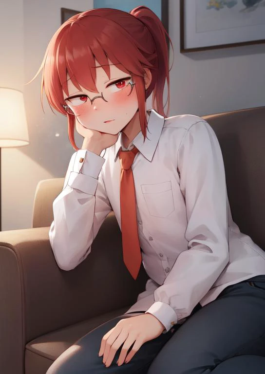 (masterpiece, best quality:1.2), extremely detailed, soft ambient lighting, sharp focus, 4K, BREAK kobayashi \(maidragon\), 1girl, solo, ponytail, glasses, sanpaku, red eyes, white shirt, red hair, collared shirt, pants, yellow tie, flat chest, BREAK indoors, living room, lying on couch, drowsy, looking at viewer, blush,