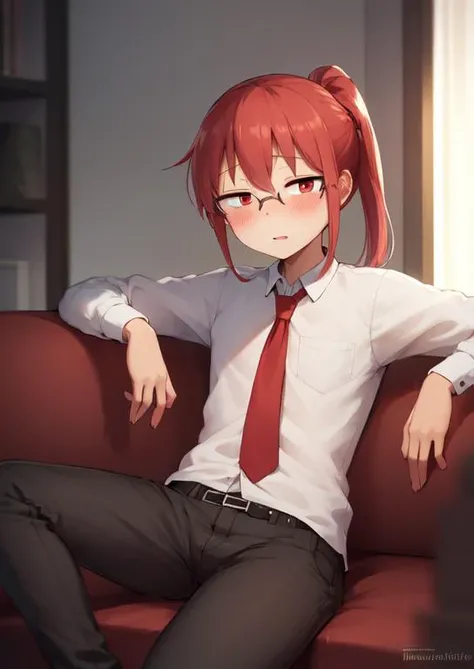 (masterpiece, best quality:1.2), extremely detailed, soft ambient lighting, sharp focus, 4K, BREAK <lora:mskobayashi:0.9>, kobayashi \(maidragon\), 1girl, solo, ponytail, glasses, sanpaku, red eyes, white shirt, red hair, collared shirt, pants, yellow tie, flat chest, BREAK indoors, living room, lying on couch, drowsy, looking at viewer, blush,