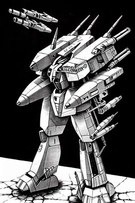 TheMechwarriorRPGArt greyscale, robot, mecha, science_fiction, weapon, no_humans, holding, mobile_suit, gun, damaged, realistic, spacecraft