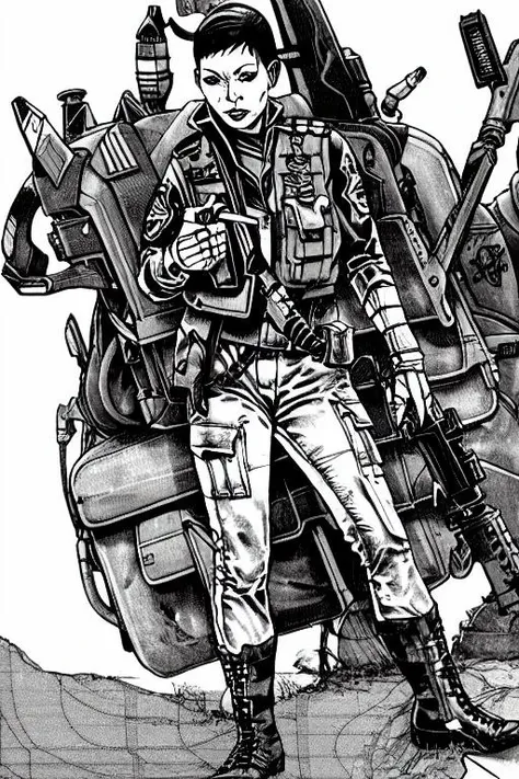 TheMechwarriorRPGArt weapon, 1boy, gun, holding, holding_weapon, male_focus, holding_gun, military, rifle, uniform, boots, standing, military_uniform, 1girl, belt, gloves, assault_rifle, pouch, vest, helmet, short_hair, pants, map, tattoo, ((mech))