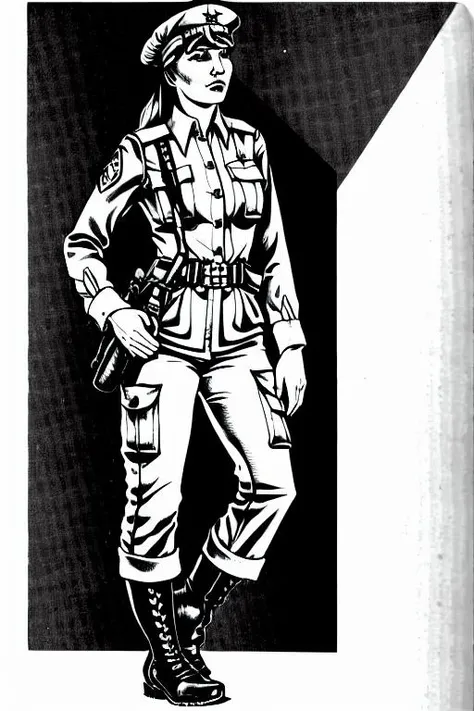 TheMechwarriorRPGArt solo, monochrome, 1girl, weapon, greyscale, holding, boots, gun, pouch, simple_background, white_background, holding_weapon, full_body, gloves, uniform, belt, military_uniform, standing, military, long_sleeves, long_hair, belt_pouch, pants, holding_gun, closed_mouth, hat, looking_at_viewer, jacket, soldier, holster, rifle
