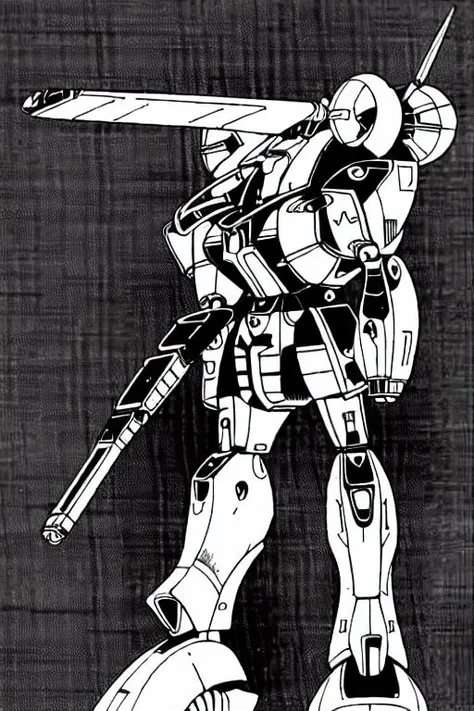 TheMechwarriorRPGArt greyscale, monochrome, robot, mecha, no_humans, solo, science_fiction, looking_ahead, weapon, standing, gun, one-eyed, halo, mobile_suit, looking_down, holding_gun