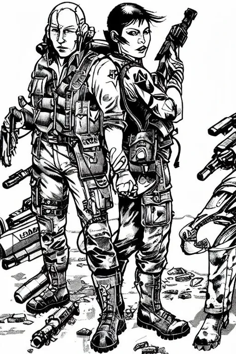 TheMechwarriorRPGArt weapon, 1boy, gun, holding, holding_weapon, male_focus, holding_gun, military, rifle, uniform, boots, standing, military_uniform, 1girl, belt, gloves, assault_rifle, pouch, vest, helmet, short_hair, pants, map, tattoo, ((mech))
