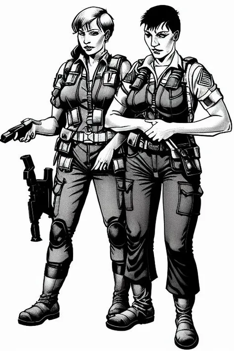 TheMechwarriorRPGArt weapon, 1boy, gun, holding, holding_weapon, male_focus, holding_gun, military, rifle, facial_hair, paper, uniform, boots, standing, military_uniform, 1girl, belt, gloves, assault_rifle, pouch, vest, holding_paper, helmet, short_hair, pants, map