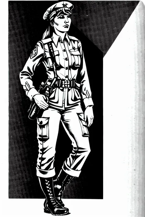 TheMechwarriorRPGArt solo, monochrome, 1girl, weapon, greyscale, holding, boots, gun, pouch, simple_background, white_background, holding_weapon, full_body, gloves, uniform, belt, military_uniform, standing, military, long_sleeves, long_hair, belt_pouch, pants, holding_gun, closed_mouth, hat, looking_at_viewer, jacket, soldier, holster, rifle