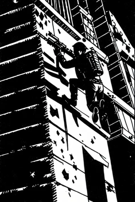 TheMechwarriorRPGArt 1boy, moon, solo, male_focus, night, weapon, holding, jumping, gun, full_moon, silhouette, night_sky, high_contrast, sky
