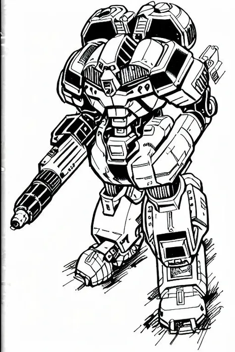 TheMechwarriorRPGArt ggreyscale, monochrome, robot, mecha, weapon, no_humans, solo, gun, science_fiction, arm_cannon, cannon, white_background, holding_gun, holding_weapon, clenched_hand, holding, sketch, shoulder_cannon