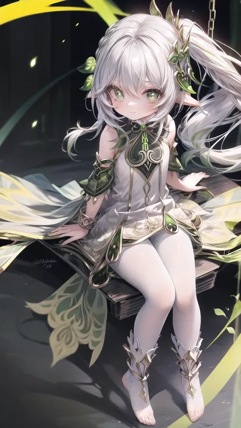 <lora:GZC:0.7>,legwear,pantyhose,
<lora:add_detail:1.2> ,
masterpiece, best quality, <lora:nahida:1>,swing,sitting,full body,1girl,nahida \(genshin impact\),white hair,multicolored hair, side ponytail,hair ornament,green eyes,symbol-shaped pupils,pointy ears, jewelry, detached sleeves,white dress,toeless legwear,grey background, smile,(girlish:1.5),(18 years old:1.5),(((1girl))),