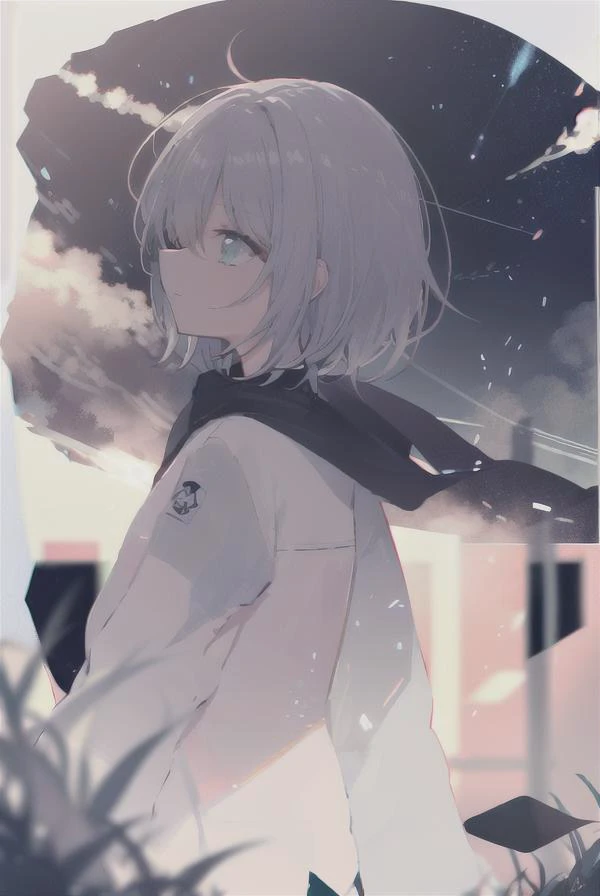 <lora:JW_v2:1.2>,
masterpiece, bestquality,vivid,
night, starry sky, grass field, side shot,
one girl, detailed face, detailed eyes, looking away, silver hair, walking, white jacket, red decoration, cyan highlight