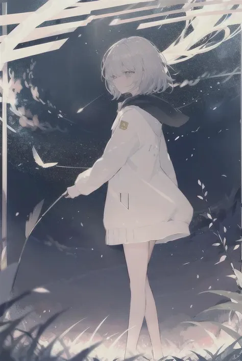 <lora:JW_v2:1.2>,
masterpiece, bestquality,vivid,
night, starry sky, grass field, side shot,
one girl, detailed face, detailed eyes, looking away, silver hair, walking, white jacket, red decoration, cyan highlight