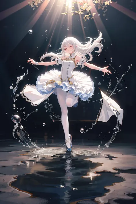 //,
masterpiece,(best quality),(illustration),(colorful),
//,
1girl,white hair,long hair,floating hair, closed eyes,wet ballet dress, white_pantyhose,ballet slippers, ballet, stage,splash water,light particles,