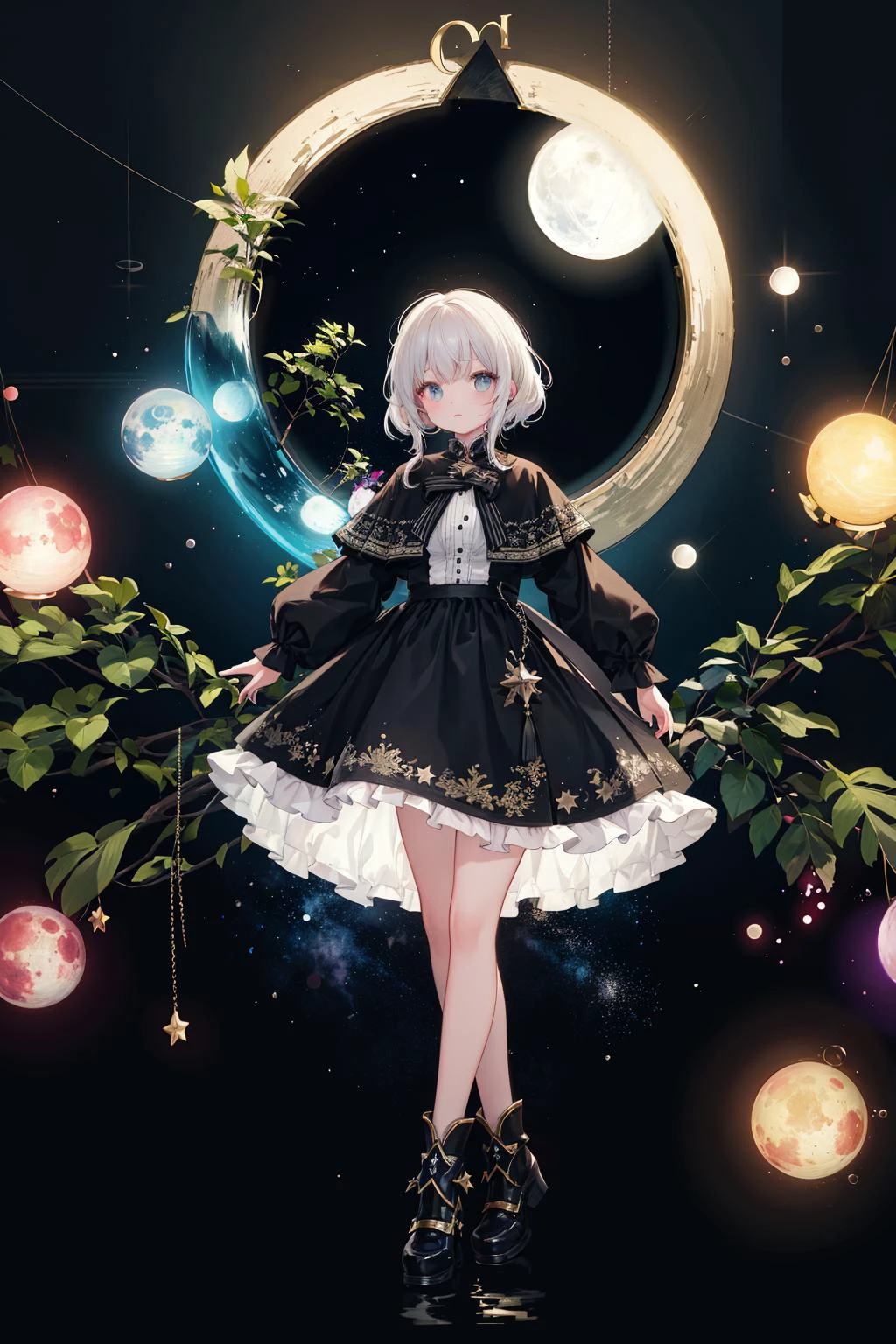 //,
masterpiece,(best quality),(illustration),(colorful),
//,
1girl,(Cinematic Lighting),star,moon,
1girl,full body,
bubble, fantastic,plant,