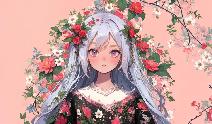 Pink background, surrounded by beautiful vines and wildflowers, left blank in the middle, wallpaper, <lora:Mix patterns:1>,solo,