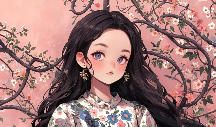 Pink background, surrounded by beautiful vines and wildflowers, left blank in the middle, wallpaper, <lora:Mix patterns:1>,solo,