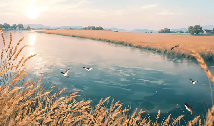 (left blank in the middle:1), wallpaper, <lora:Mix patterns:0.5>,solo, <lora:Chinese style illustration v2:0.8>,(Picture symmetry:1),(Blank screen:1),Summer fields, green wheat, a clear canal on the edge of the ridge, there are a few small fish in the water, the sun is shining