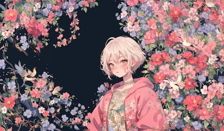Pink background, surrounded by beautiful vines and wildflowers, (left blank in the middle:1), wallpaper, <lora:Mix patterns:0.8>,solo, <lora:Chinese style illustration v2:0.8>,symmetry