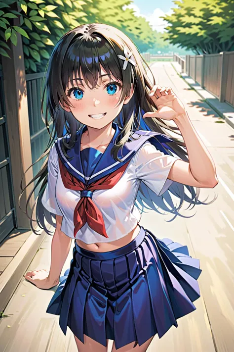{{{masterpiece}}}, {{{best quality}}}, {{ultra-detailed}}, {illustration}, {{an extremely delicate and beautiful}}, (beautiful detailed eyes:1.6), extremely detailed face, 16k, visual anime de uma jovem mulher, extremamente bonito rosto de anime, anime melhor garota, anime face, Himeragi Yukina(Strike The Blood), cute face, 10's style, short hair, front hair, black hair, hair between eye, Brown eye, flushed cheeks, medium breasts, thin waist, big hips, curvaceous, BREAK, sailor suit, blue bowtie, short sleeve, pleated skirt, plaid skirt, blue skirt, thighs, BREAK, kyoushitsu, classroom, indoors, school chair, school desk, chalkboard, window, ceiling light, curtains, jump, jumping, smiling, peer in from below, looking at viewer, daytime