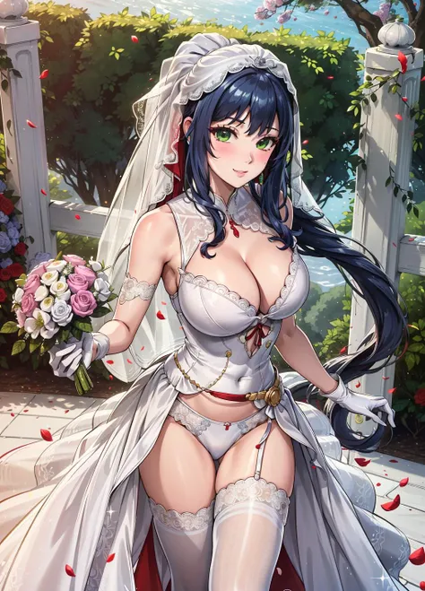 1girl, solo, ludmilla, <lora:ludmilla_evertale_v1:0.7>, blue hair, long hair, pony tail, red ribbon, green eyes, big breasts, bride, white dress, bridal veil, cleavage, wedding dress, white gloves, white legwear, white panties, blush, light smile, outdoors, flours in background, garden,
(masterpiece, best quality:1.2), highres, extremely detailed CG unity 8k wallpaper, perfect lighting,Colorful,ultra high res,4K,ultra-detailed, photography, 8K, HDR, highres, absurdres:1.2, <lyco:GoodHands-beta2:1.0>