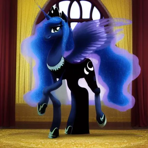 princess luna, anthro equine, equine, pony, long dress, show style, hooves, beautiful, detailed clothing, jewelry, elegant, mature,detailed eyes,beautiful, tiara, 4 legs, intricate gauze, beading