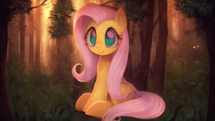 (derpibooru_p_95),pony,fluttershy,solo,wings,(masterpiece),8k,Smile,(best quality),forest background,High Definition,highres,embellishments,fireflies,triadic lighting,sitting,